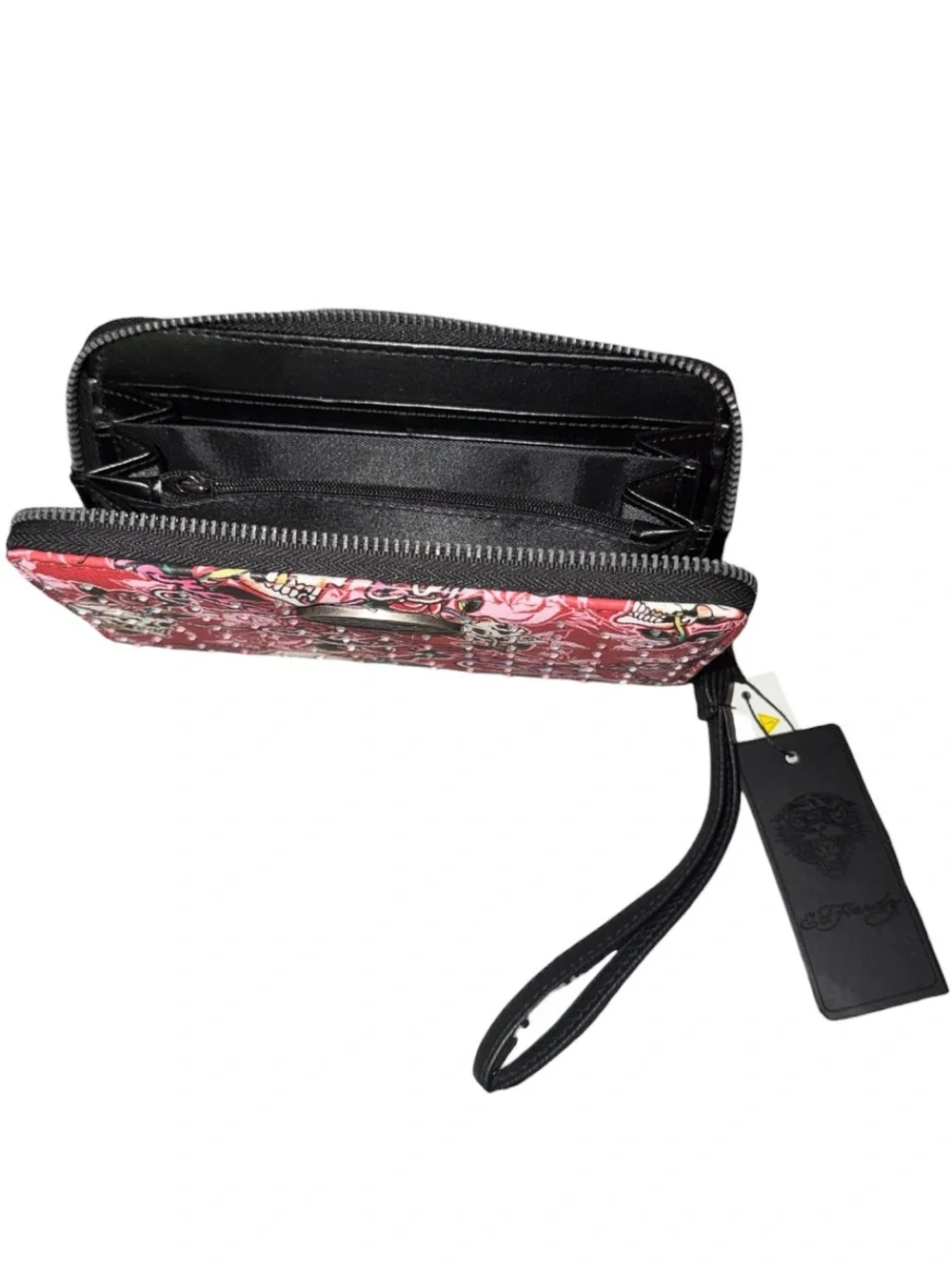 *new* Ed Hardy Skull & Rose Tattoo Print Zip Around Wristlet Wallet Clutch